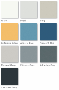 AM-Guard PVC hygienic wall panel color options including white, ivory, blue, yellow, and grey shades for durable cleanroom cladding and medical wall panel installations